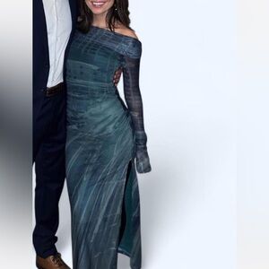 Motel Rocks long sleeve graphic blue & green slit dress